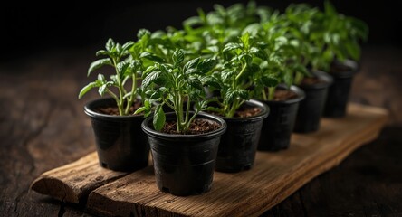 Fototapeta premium Tomato seedlings growing vigorously in black pots over natural wooden plank for plant enthusiasts