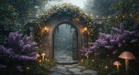 Fototapeta premium Magical garden portal made of stone surrounded by thick lilac bushes and fantasy elements