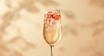 Fototapeta premium Elegant bubbly champagne cocktails blended with fresh grapefruit juice elderflower and honey syrup adorned with vivid flower petals