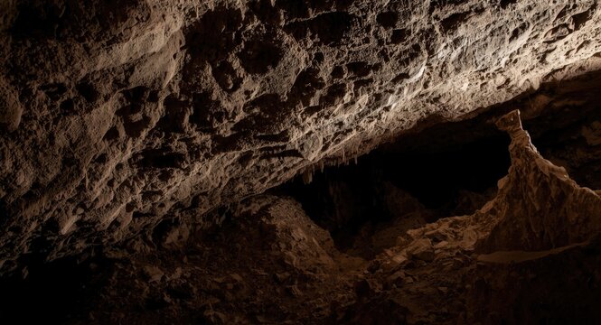 Rough uneven dripstone surfaces in a dim natural cave environment