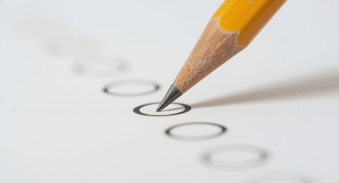 Close-up photo of sharpened yellow pencil filling in answer on white assessment paper showing black bubbles in educational context