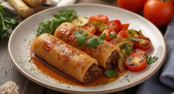 Plated Romanian mititei meat rolls with grilled vegetables on the side