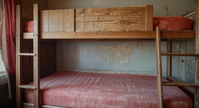 Stylish hotel sleeping quarters with a faded pink cover and a vintage wood ladder