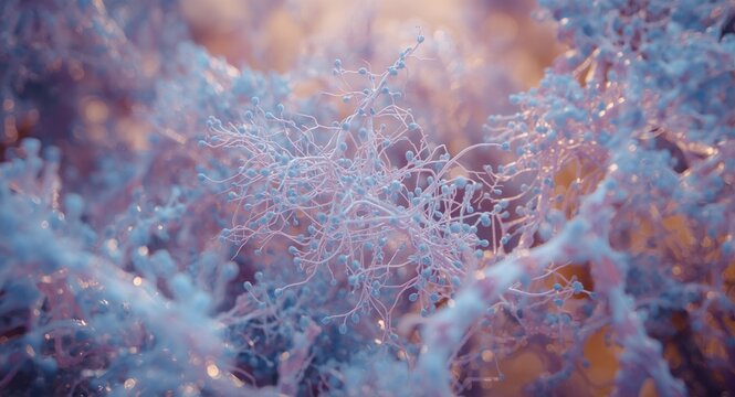 Three dimensional CNS white matter scene showing myelinated axons formed by oligodendrocytes and supporting fibrous astrocytes and microglia in contrasting blue and violet colors