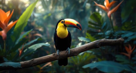 Fototapeta premium Tropical toucan bird perched inside an enclosure with vibrant jungle surroundings