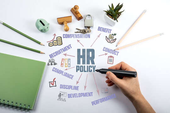 HR Policy Concept. Illustration with Icons  Keywords and Arrows. Human Hand with Black Marker
