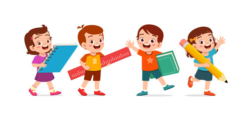 Happy cheerful children holding school supplies books ruler and pencil cartoon illustration