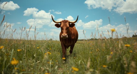 Fototapeta na wymiar energetic brown cow wandering full length green field during summer