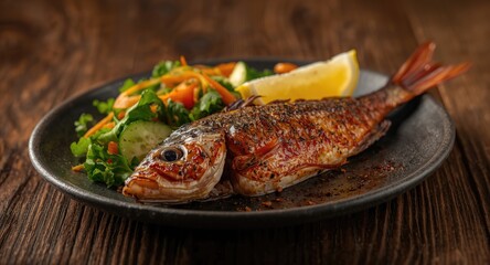 Sizzling grilled red mullet paired with zesty lemon and green salad