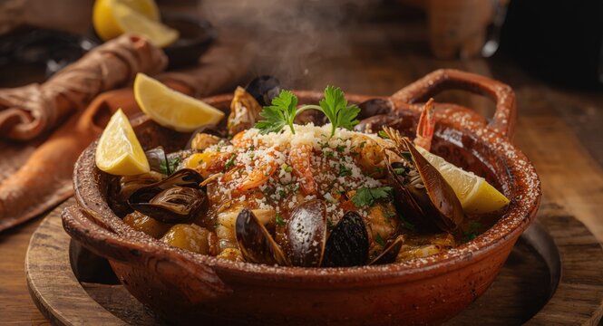 Traditional Chilean seafood chupe served hot in a rustic clay oven dish