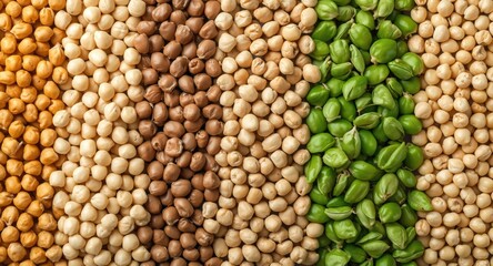 Fototapeta premium Variety of legumes and sprouts including chickpeas soybeans and fresh edamame from top