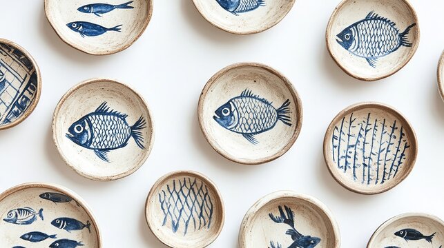 A collection of small ceramic plates with blue fish designs on a white background