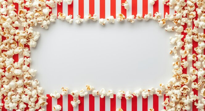Creative flat lay featuring popcorn border and copy space over alternating red and white stripes