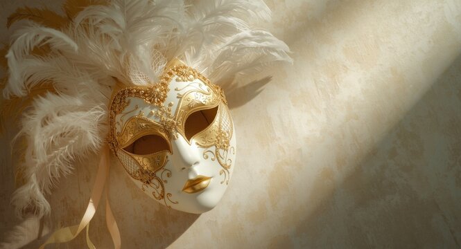 Traditional Venetian carnival mask with golden and white colors displayed on a gently shadowed textured backdrop with copy space