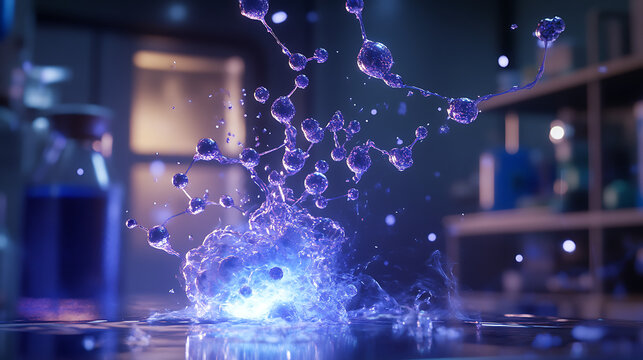 Time-lapse style rendering of electron motion in reactive compounds under studio lighting 