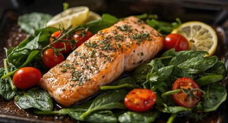 Lemon herb salmon fillet with tender spinach and ripe cherry tomatoes on a dark serving tray