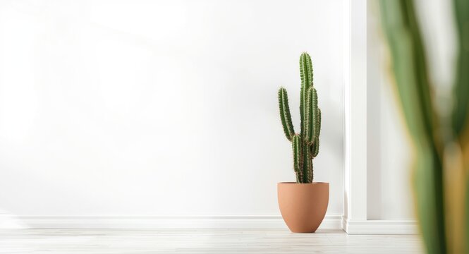 White wall with ample copy space and tall cactus plant in stylish modern pot