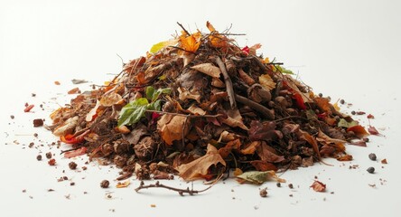 Obraz premium Organic waste composting pile on white background with natural decay process