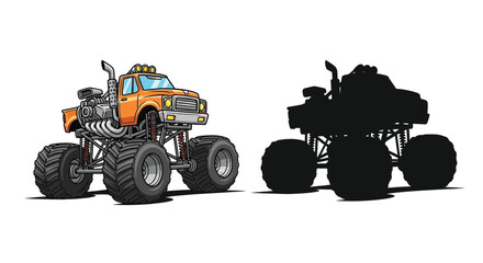 Cartoon monster truck illustration with a shadowed silhouette version shown alongside © Tm Studio