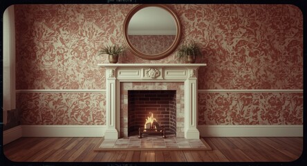 Fototapeta premium Marble picket tile framed hearth accented with decorations and a big round mirror above on wooden flooring