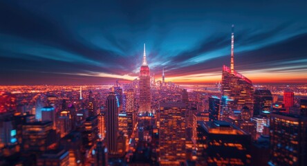 Obraz premium Artificial intelligence artwork showing a glowing city skyline during the dusk hour
