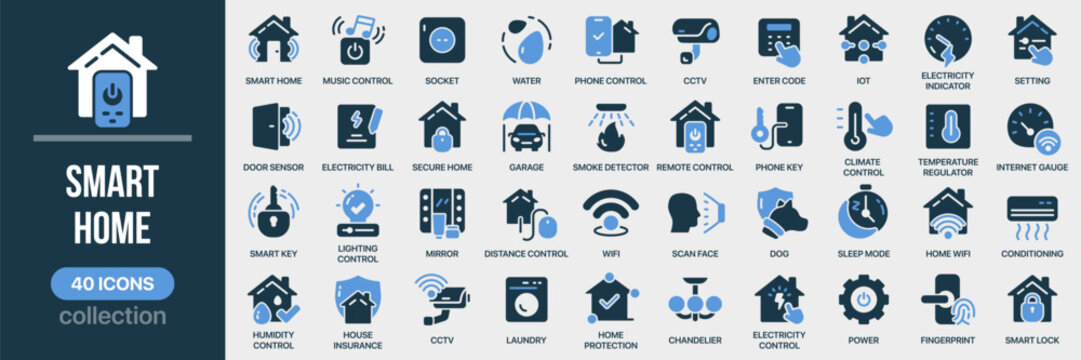 Smart home fill icon collection. Includes wifi, remote control, climate, lighting, CCTV, and security symbols. Created in colored style with blue palette