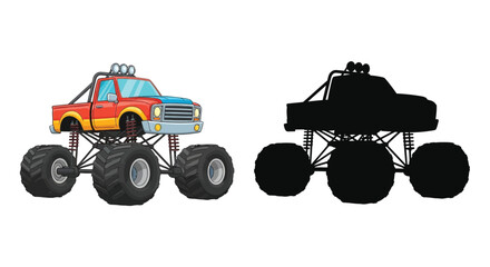 Colorful monster truck illustration with its corresponding black silhouette © Tm Studio