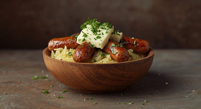 Rustic wooden bowl filled with savory baked sauerkraut and sausages topped with creamy Bryndza cheese and herbs