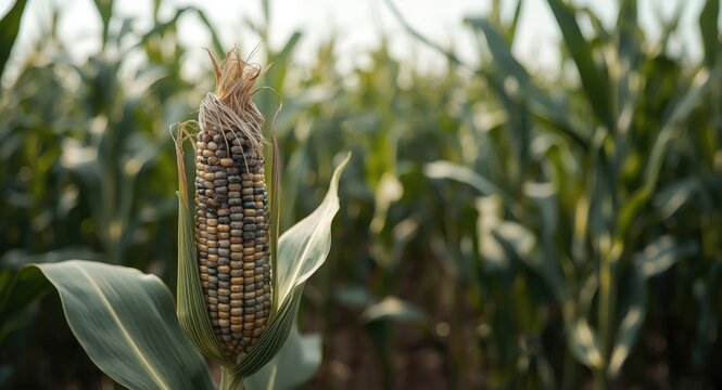 Field crop corn ear displaying fungal infection and aflatoxin contamination linked to insect damage