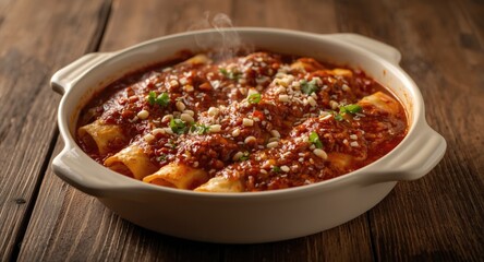 Casserole with traditional Mexican enfrijoladas filled with chorizo and cheese on wooden surface