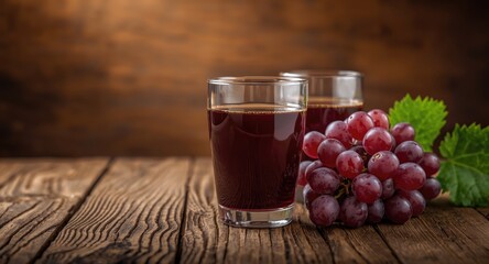 Rustic wood background showcasing fresh grape juice in transparent glasses alongside ripe grapes with vibrant natural colors