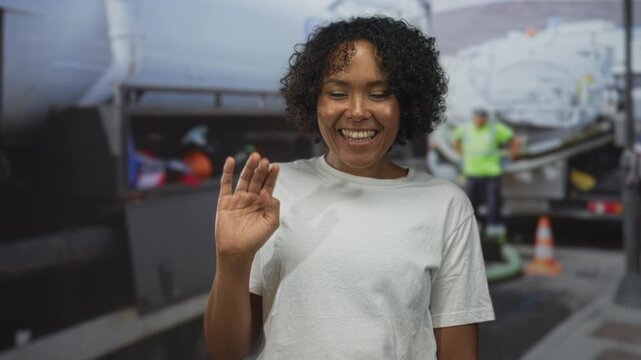 Young african american woman waving hand in white t shirt at construction site with large truck; warm welcome.