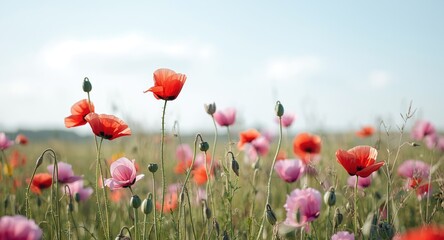 Obraz premium Various hued wild poppies blossoming on a softly faded spring background