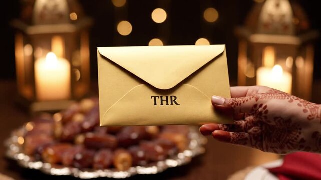 Close up of hands sharing envelope gift symbolizing generosity tradition and festive giving during Islamic holiday celebration.