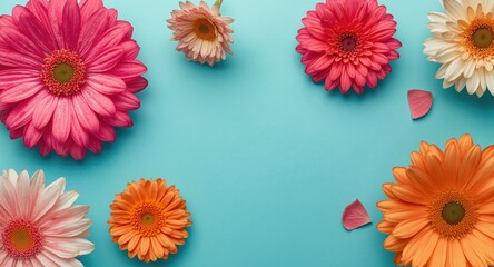 Dynamic colorful abstract blooms over a high key turquoise backdrop with copy space