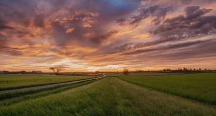 Sunset nature scene with a fuzzy road bisecting green fields under a dramatic colorful cloudscape