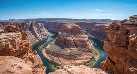 Detailed scenery image of a rocky mountain canyon featuring a winding river and focused background