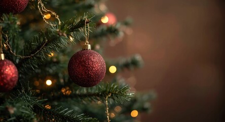 Fototapeta premium Decorative Christmas tree branches with glittering red balls, ambient floor light effects, blurred background and ample space for holiday message