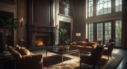 Fototapeta premium Luxury home lounge with tall ceilings, a cozy crackling fireplace, and refined classic furniture