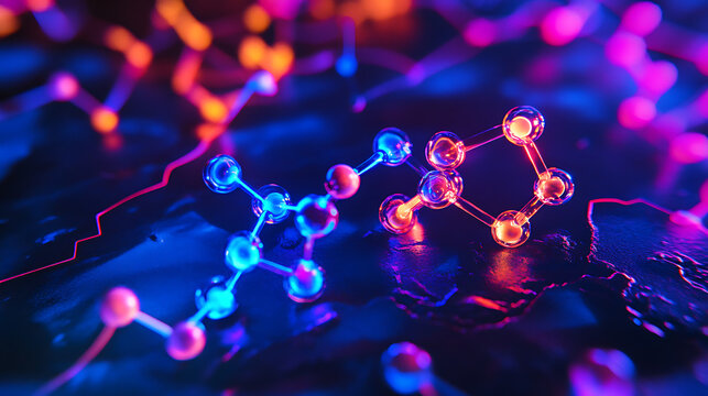 Glowing neon representation of particle exchange during chemical reactivity 