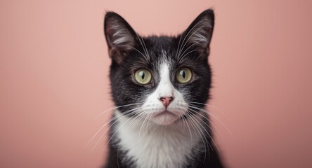Obraz premium Curious black and white cat against soft pastel copy space backdrop with detailed fur texture