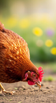 Close-up of brown chicken pecking at the ground, showing detailed feather texture and red comb, representing poultry farming or natural animal behavior