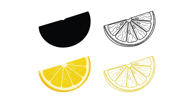 Four depictions of a lemon slice black outline yellow and lineart