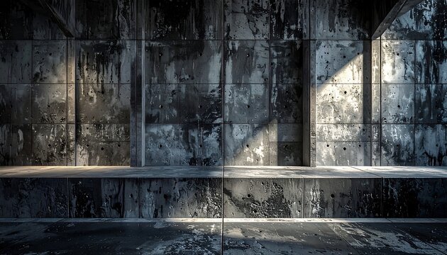 A raw, industrial space with a concrete interior. Sunlight streams across a textured wall. Gritty, moody and austere vibe