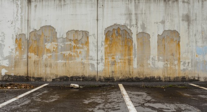 Vintage cement wall marked by inconsistent water stains at an outdoor parking area