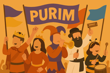 Flat vector detailed Purim carnival parade with people in costumes, flags, music instruments, joyful crowd