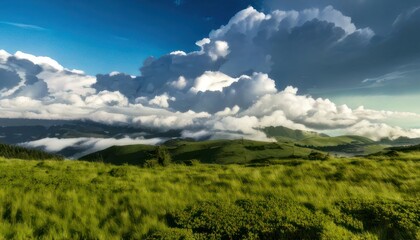 Lush Green Landscape Under a Dramatic Sky with Towering Clouds.