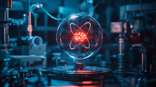 Detailed scene showing controlled electron beams striking atoms in a research setting 