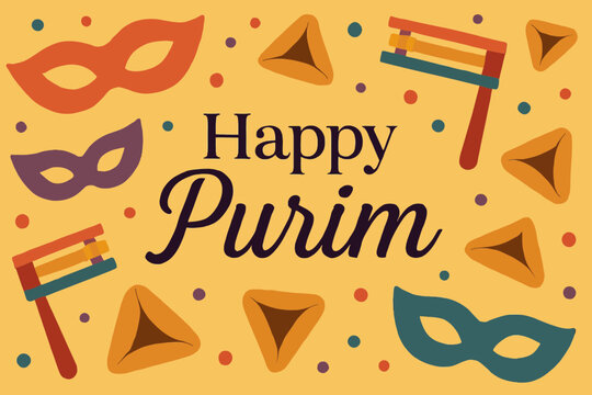 Flat vector festive banner with "Happy Purim" text in elegant font, surrounded by masks, groggers, and hamantaschen icons