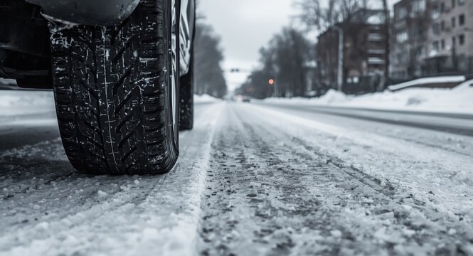 Automobile tire gripping slick snowy surface on cold winter street